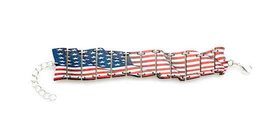 Waving American Flag Bracelet made from sustainably sourced wood, featuring a laser-cut design of the American flag.