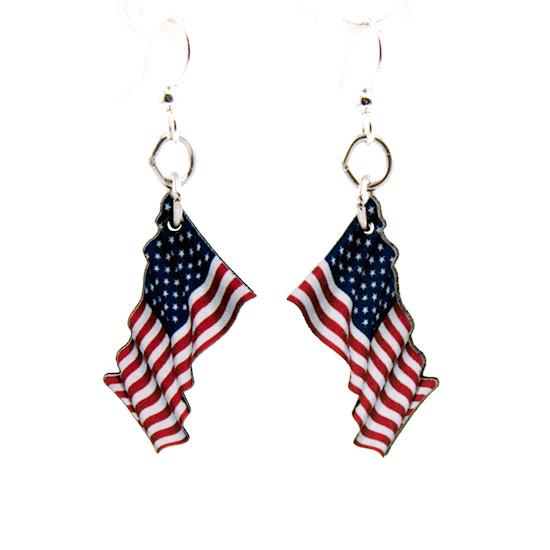 A pair of Waving American Flag Earrings made from sustainably sourced wood, featuring a laser-cut design of the American flag with silver-finished stainless steel ear wires.