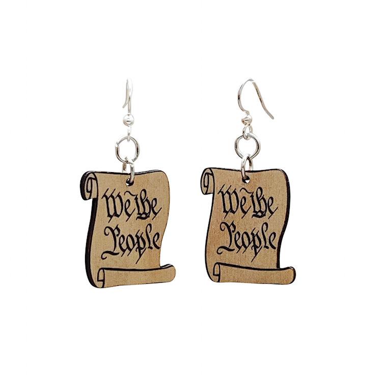 We the People Earrings #1491 made from sustainably sourced wood, featuring a laser-cut design and hypoallergenic silver-finished ear wires.