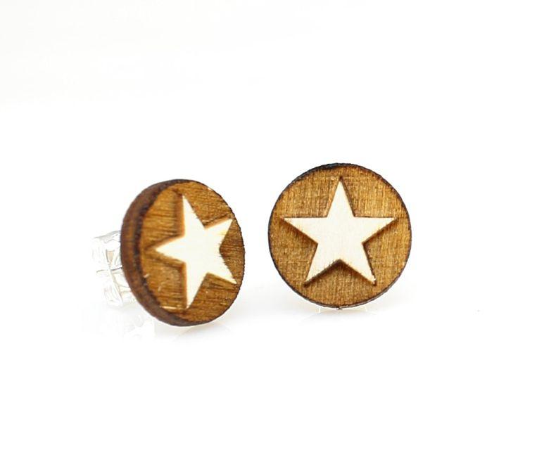 Western Star Stud Earrings #3008 made from lightweight laser-cut wood with silver plated brass earstuds, showcasing a unique western star design.