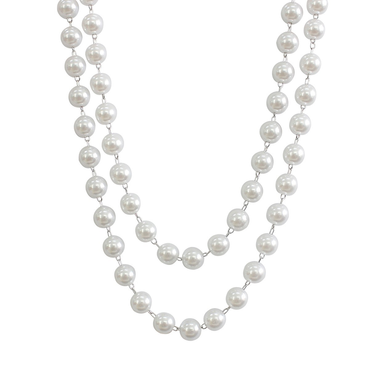 Elegant White Pearl 2 Line Necklace with two strands of pearls and adjustable clasp.