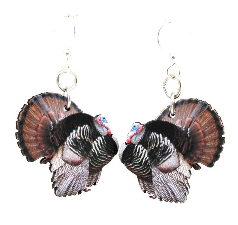 Wild Turkey Earrings #1547 made from sustainably sourced wood with a laser-cut design and silver-finished stainless steel ear wires.