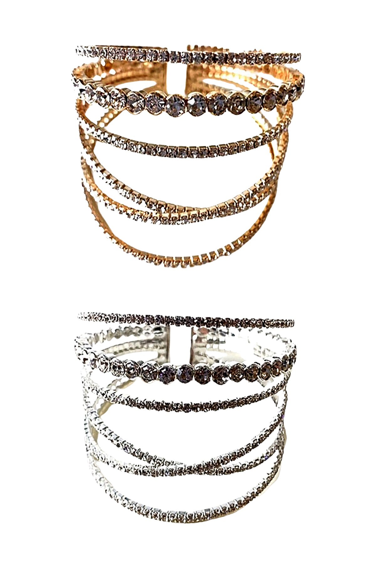 A stylish wire bracelet featuring sparkling rhinestones, adjustable for a comfortable fit.