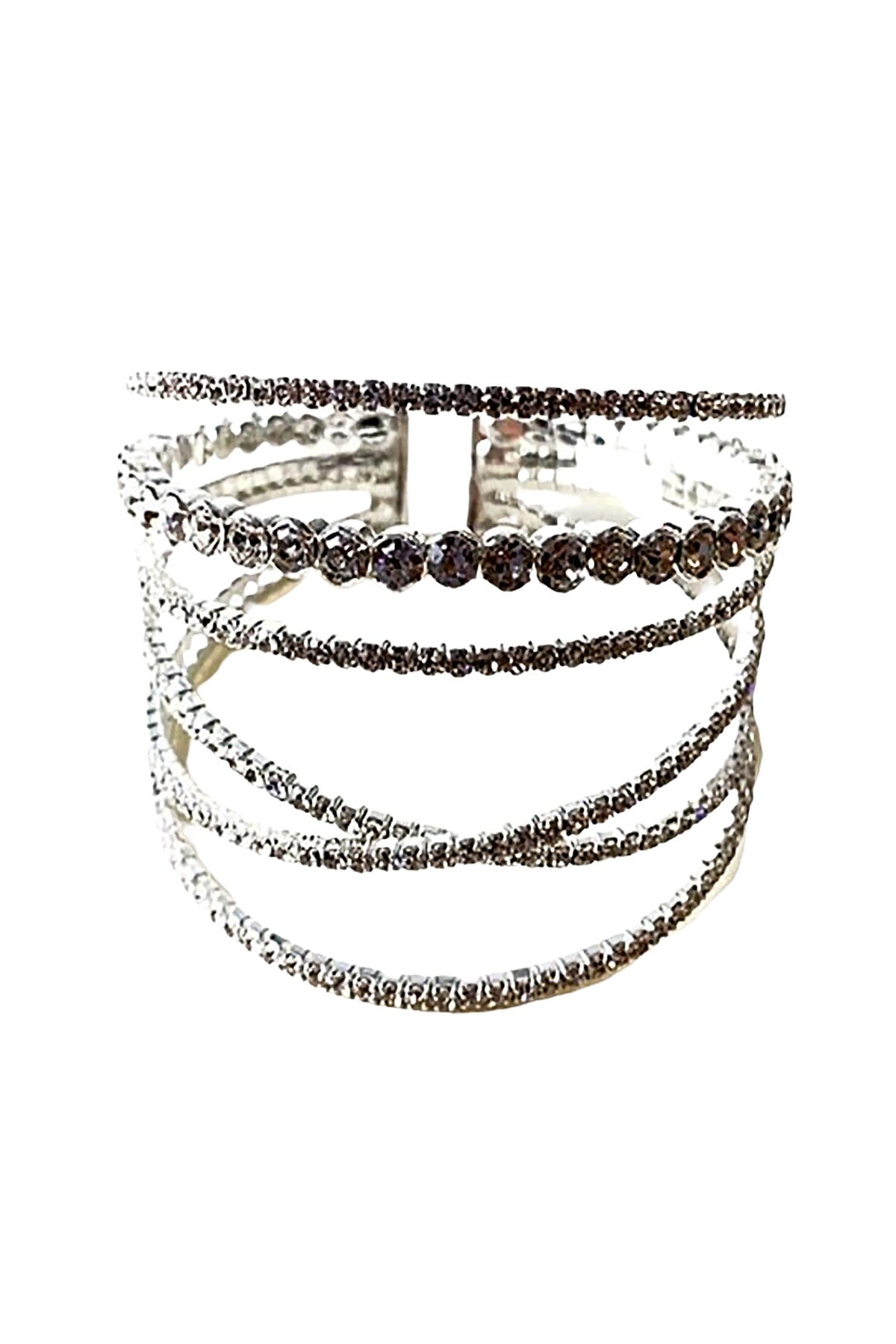 A stylish wire bracelet featuring sparkling rhinestones, adjustable for a comfortable fit.