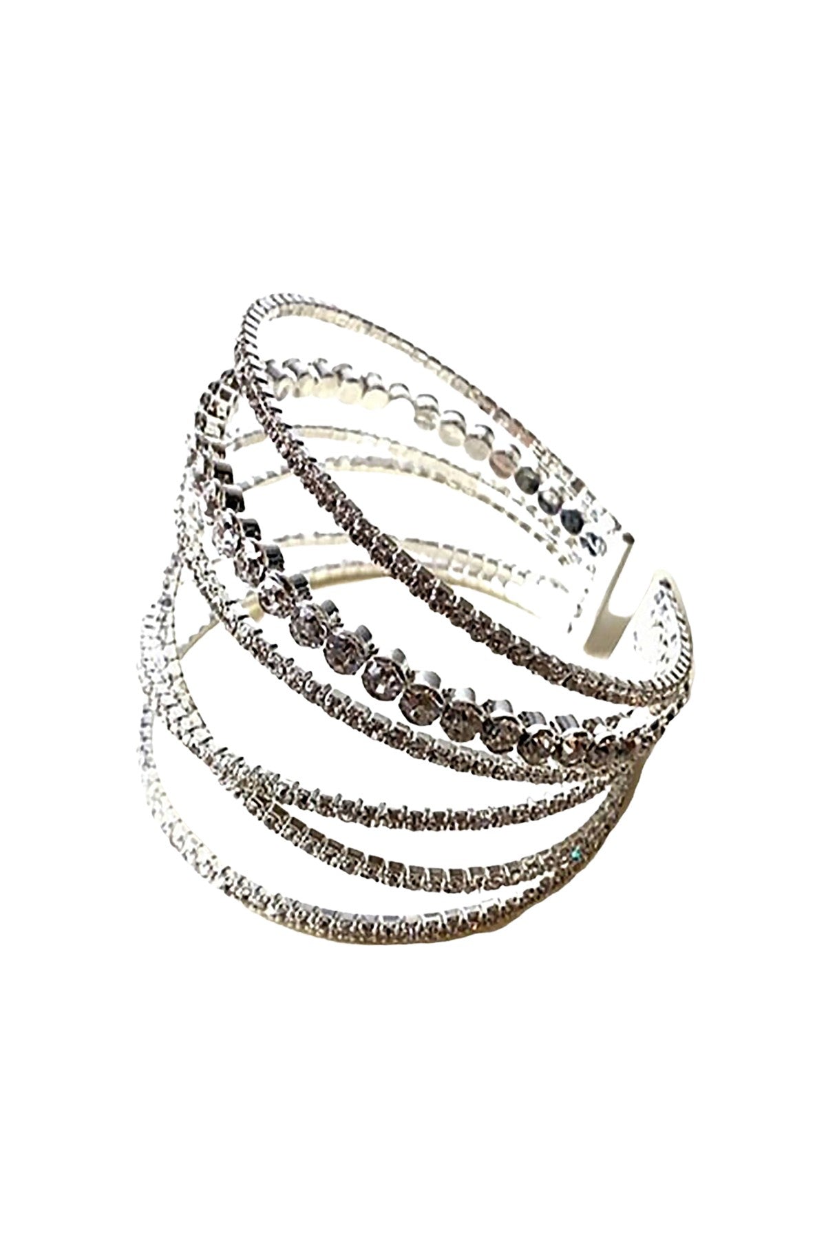 A stylish wire bracelet featuring sparkling rhinestones, adjustable for a comfortable fit.