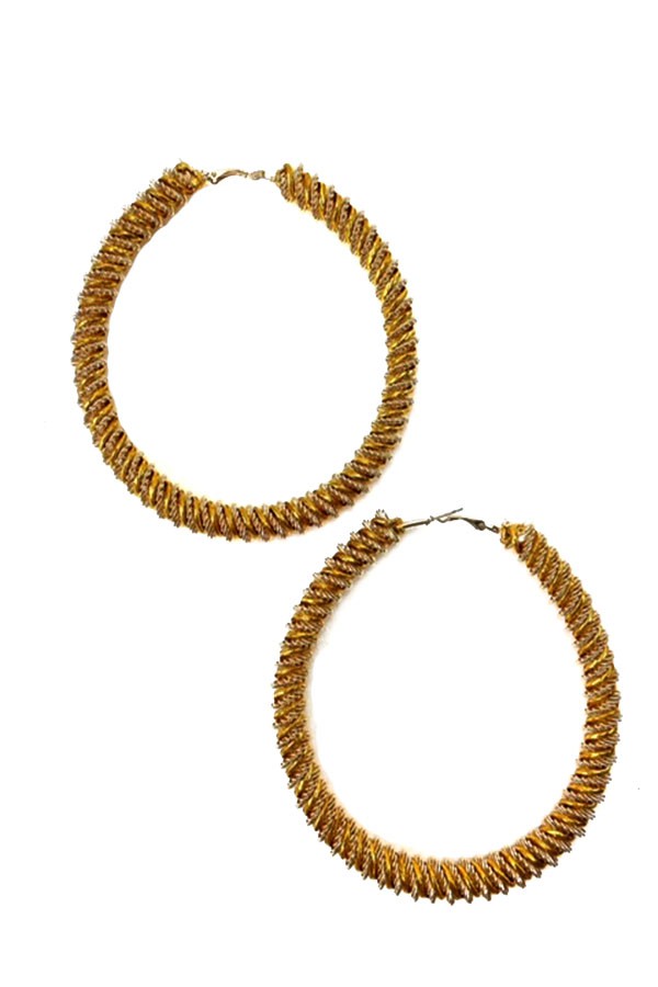 Wire and gold cord twisted fashion hoop earrings, elegantly designed with a unique twisted pattern and gold plating.