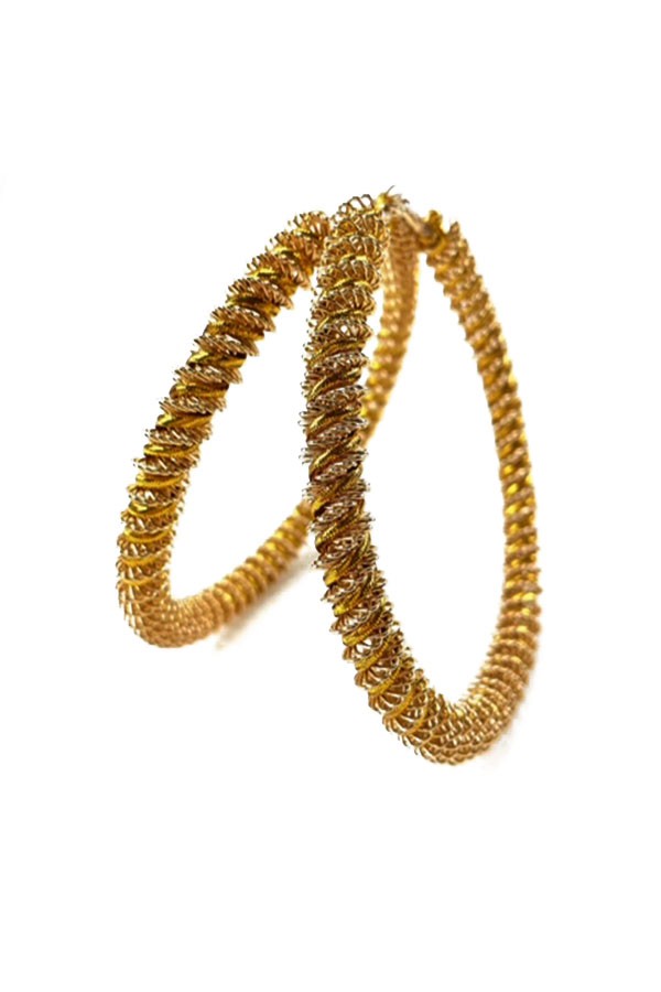 Wire and gold cord twisted fashion hoop earrings, elegantly designed with a unique twisted pattern and gold plating.