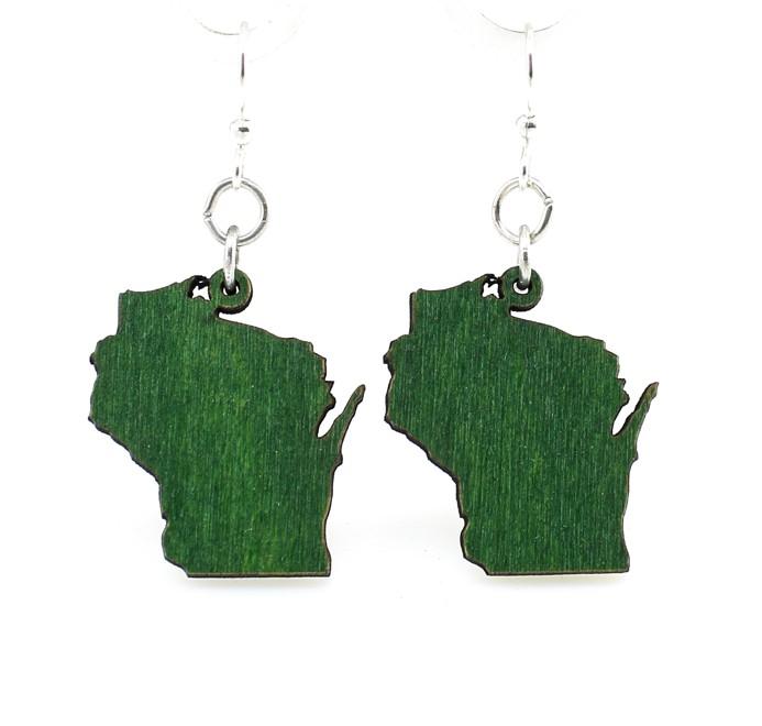 Wisconsin State Earrings made from lightweight wood, featuring a green color and silver-finished stainless steel ear wires.