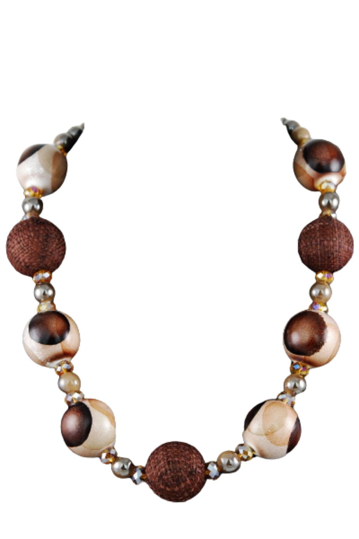 A stylish wooden ball bead necklace featuring a 20-inch chain and lobster claw clasp, showcasing natural wooden beads.