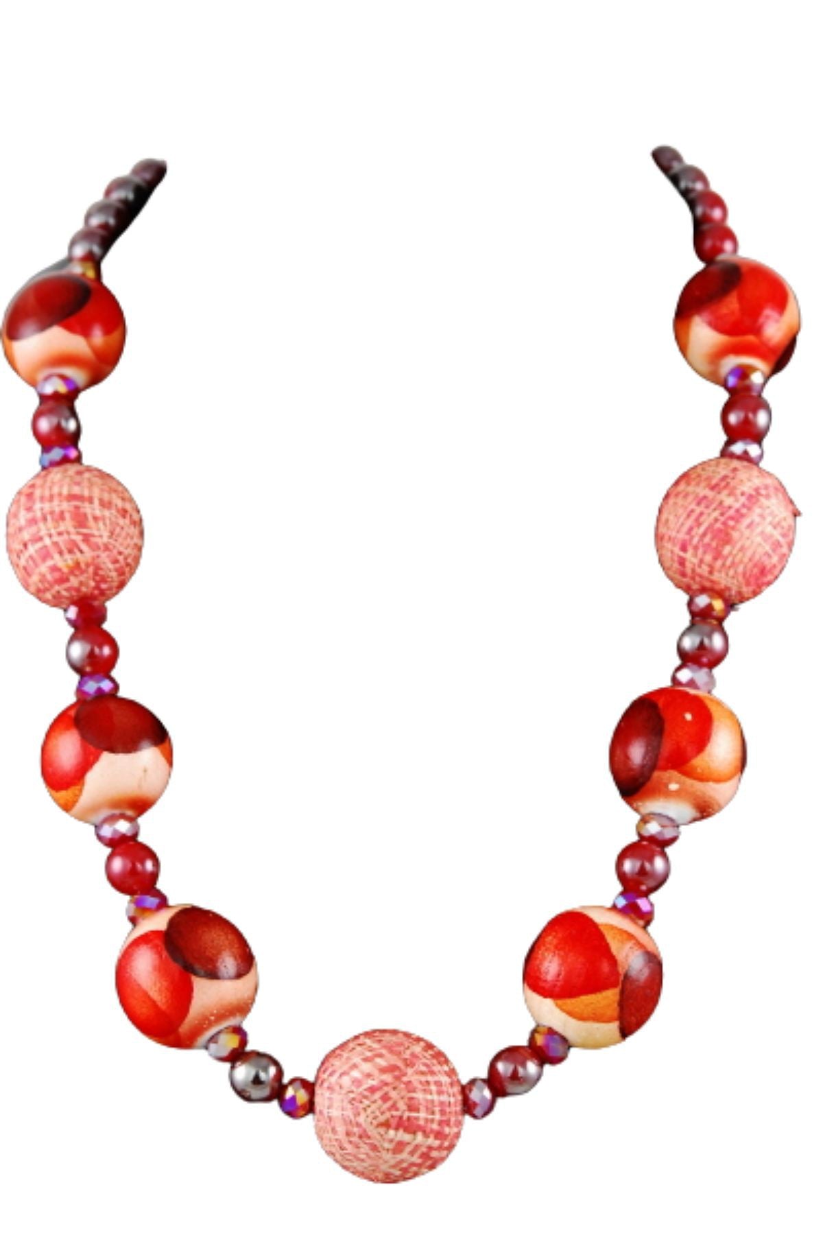 A stylish wooden ball bead necklace featuring a 20-inch chain and lobster claw clasp, showcasing natural wooden beads.