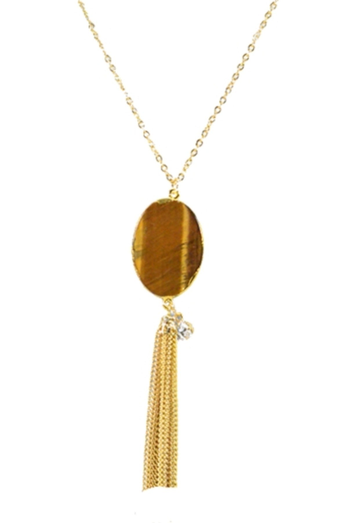 Women Fashion Natural Pendant Necklace featuring a gold plated chain with a tiger eyes gemstone pendant and tassel detail, showcasing elegance and style.