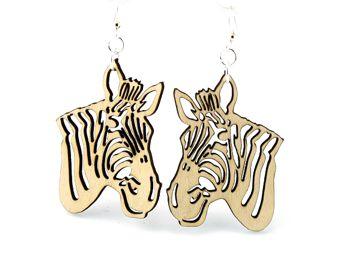 A pair of stylish zebra earrings made from sustainably sourced wood, featuring intricate laser-cut design and silver-finished hypoallergenic ear wires.