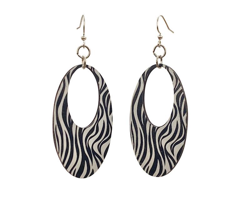 Stylish zebra print earrings made from sustainably sourced wood with silver-finished stainless steel ear wires.