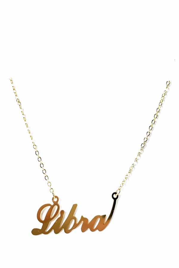 Elegant ZODIAC Necklace for Libra, triple plated with lettered design and lobster claw clasp.