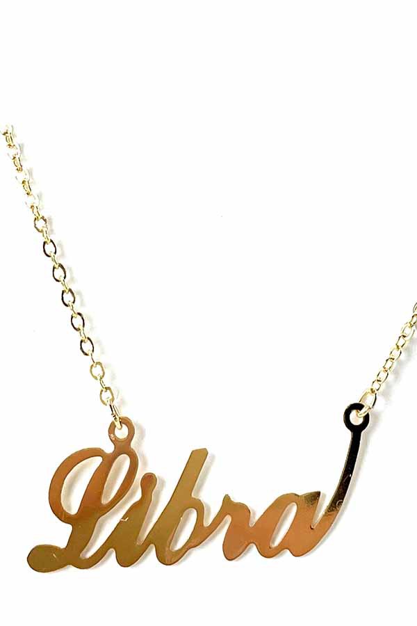 Elegant ZODIAC Necklace for Libra, triple plated with lettered design and lobster claw clasp.