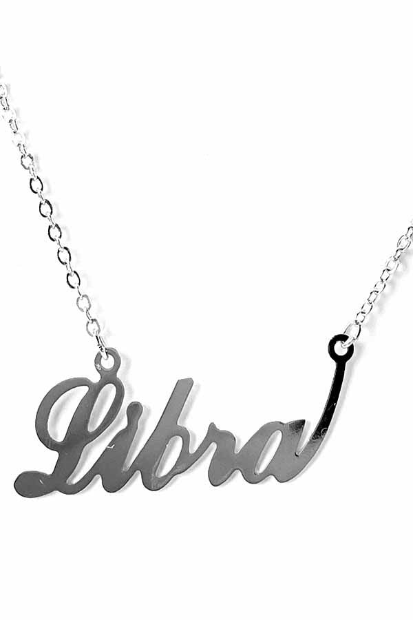 Elegant ZODIAC Necklace for Libra, triple plated with lettered design and lobster claw clasp.