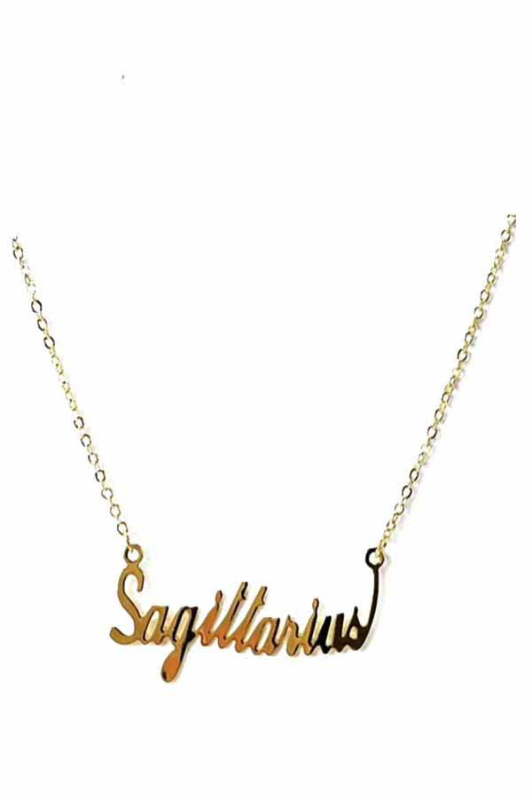 ZODIAC Necklace featuring Sagittarius design, triple plated with lobster claw clasp and adjustable length.