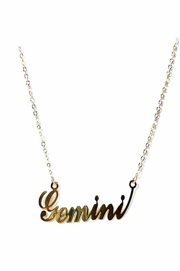 ZODIAC Necklace featuring Gemini symbol, triple plated with lobster claw clasp.