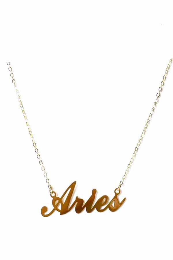 ZODIAC Necklace featuring Aries design, triple plated with lettered detail and lobster claw clasp.