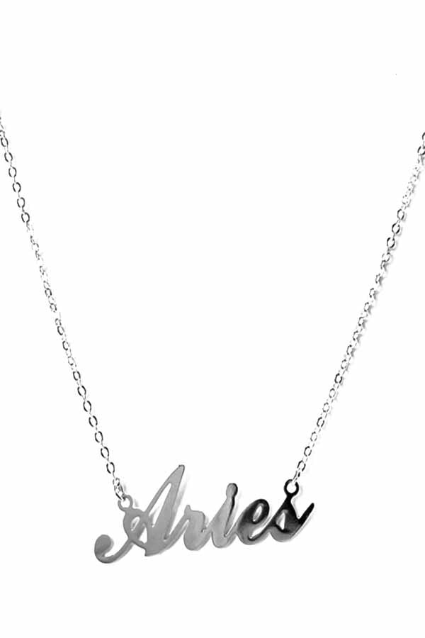 ZODIAC Necklace featuring Aries design, triple plated with lettered detail and lobster claw clasp.