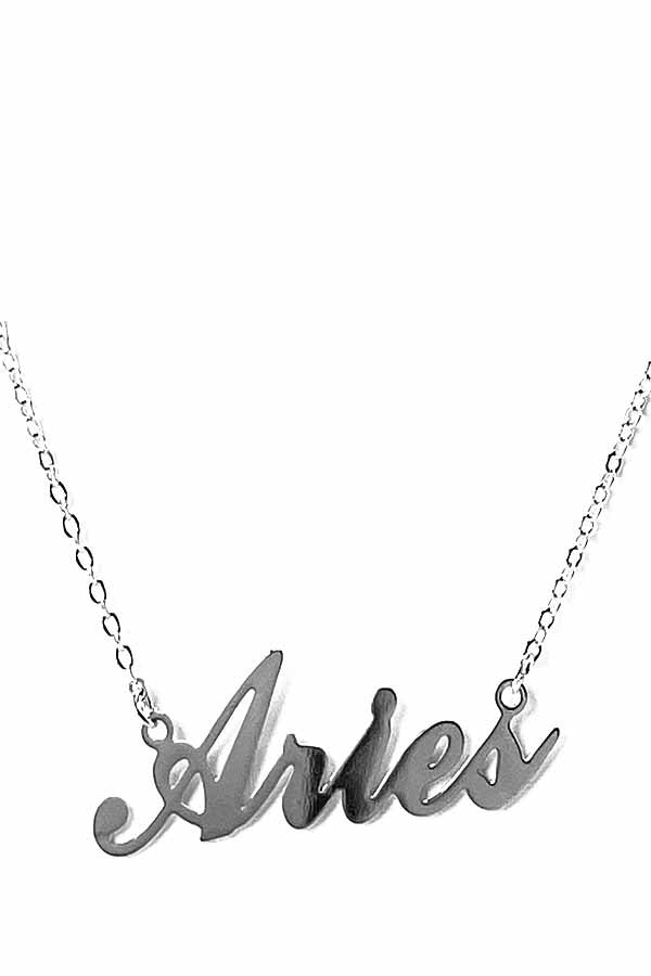 ZODIAC Necklace featuring Aries design, triple plated with lettered detail and lobster claw clasp.