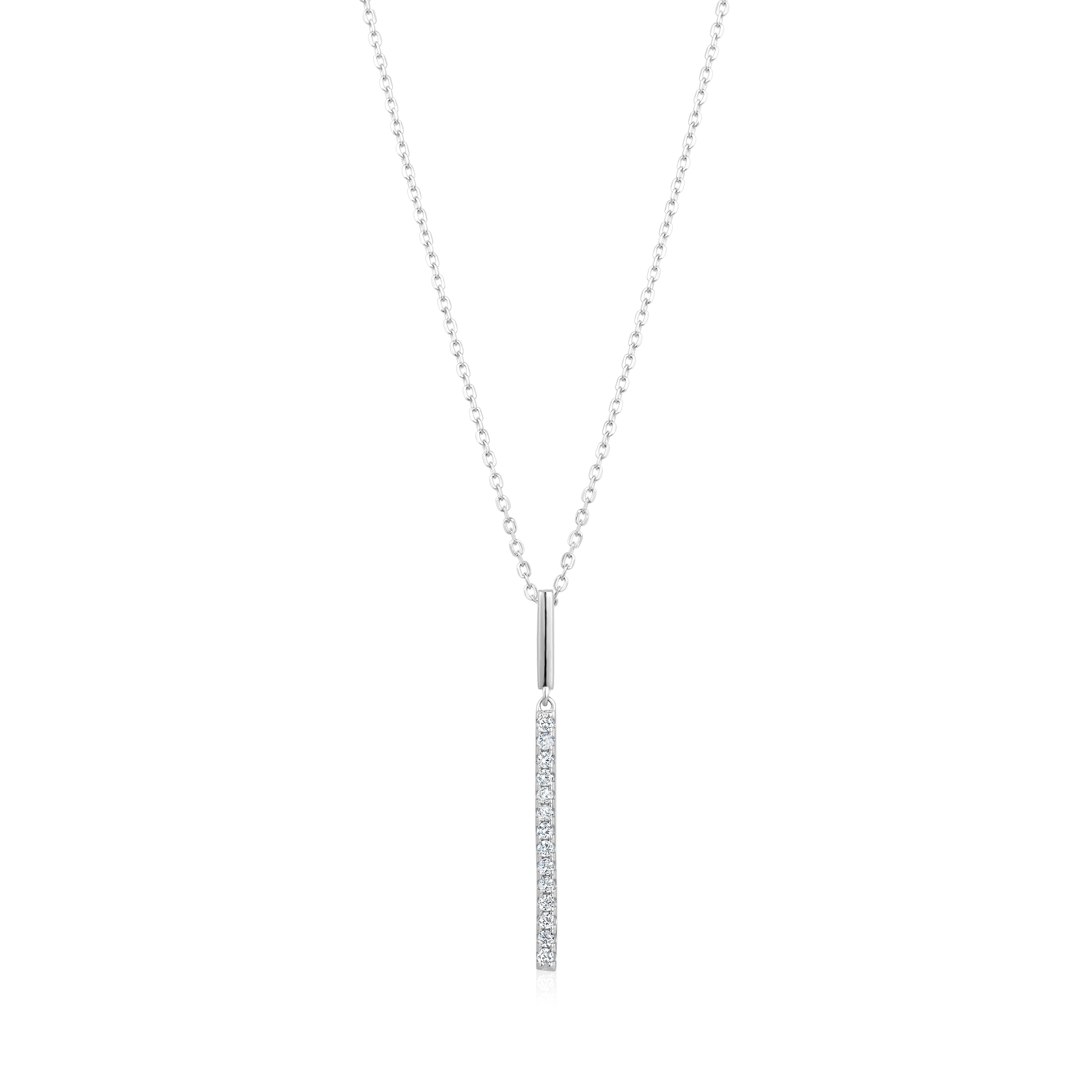 Elegant 5A Cubic Zirconia Vertical Bar Pendant Necklace made of 925 sterling silver with rhodium plating, featuring a sparkling cubic zirconia pendant.