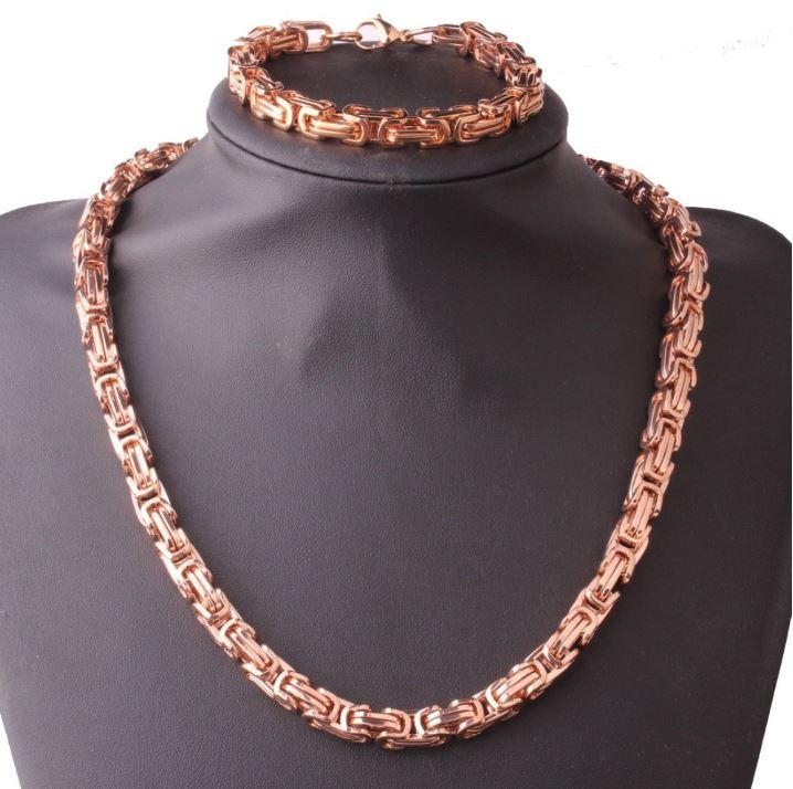 8 MM Rose Plated 24" Solid Byzantine Link Chain with matching bracelet, showcasing intricate link design and luxurious rose gold finish.