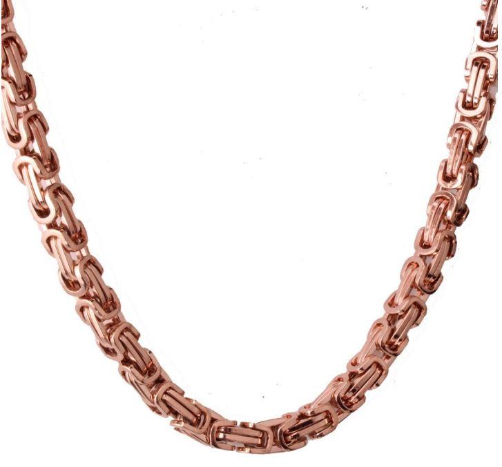 8 MM Rose Plated 24" Solid Byzantine Link Chain with matching bracelet, showcasing intricate link design and luxurious rose gold finish.