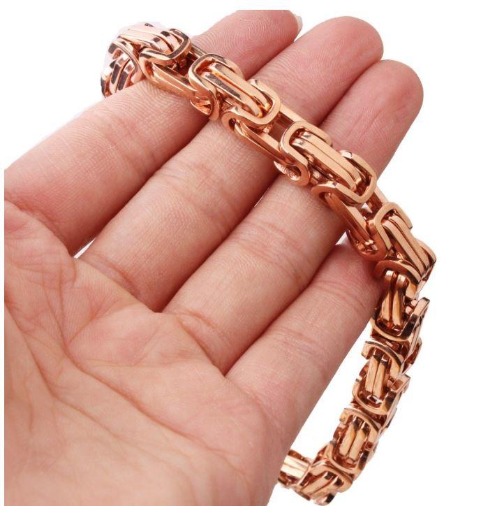 8 MM Rose Plated 24" Solid Byzantine Link Chain with matching bracelet, showcasing intricate link design and luxurious rose gold finish.