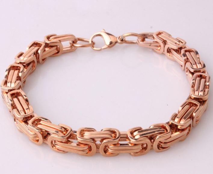 8 MM Rose Plated 24" Solid Byzantine Link Chain with matching bracelet, showcasing intricate link design and luxurious rose gold finish.