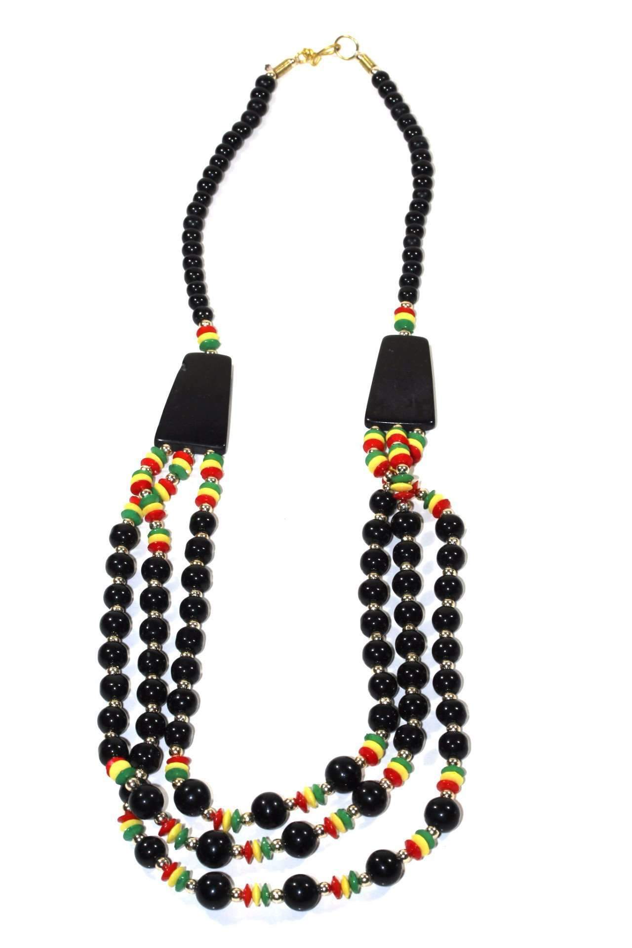 Punky Reggae Party Rasta Style Necklace featuring vibrant red, yellow, and green beads with glossy black onyx-like accents.