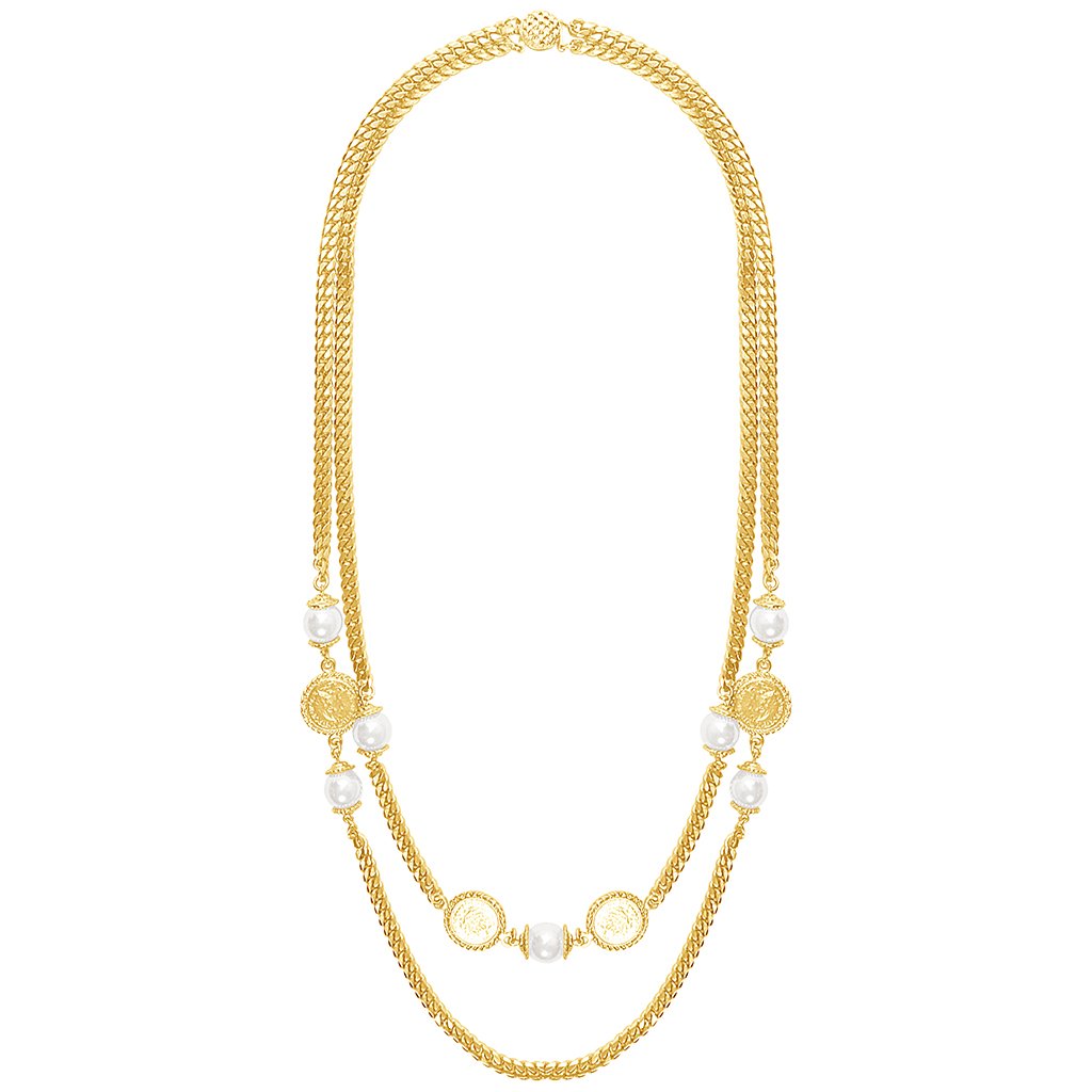 Adrienne Layered Necklace featuring curb link chain, glass pearls, and Roman coins in a stylish design.