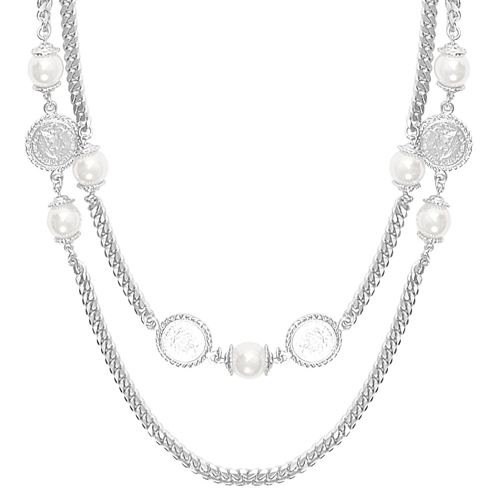 Adrienne Layered Necklace featuring curb link chain, glass pearls, and Roman coins in a stylish design.