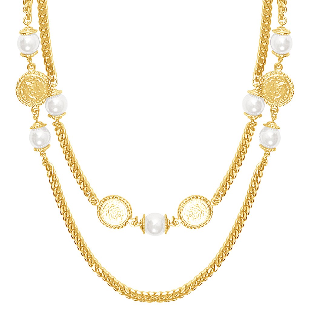 Adrienne Layered Necklace featuring curb link chain, glass pearls, and Roman coins in a stylish design.