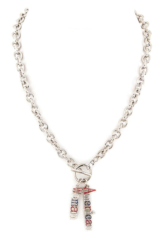 Elegant American Woman Double Pendant Necklace with toggle closure, showcasing a stylish design suitable for various occasions.