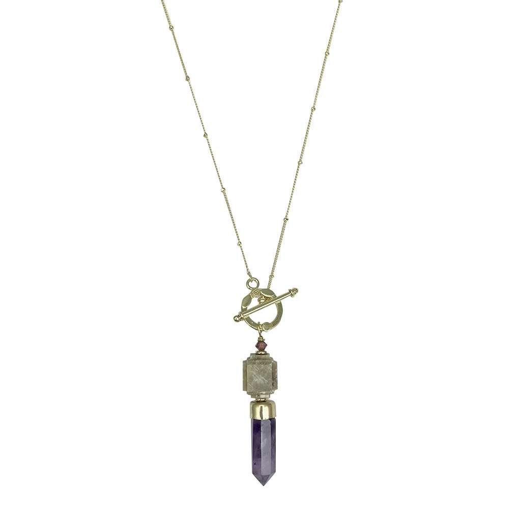 Amethyst Lariat Necklace featuring a polished amethyst pendant on a satellite chain with a bar and circle closure, handmade in India.