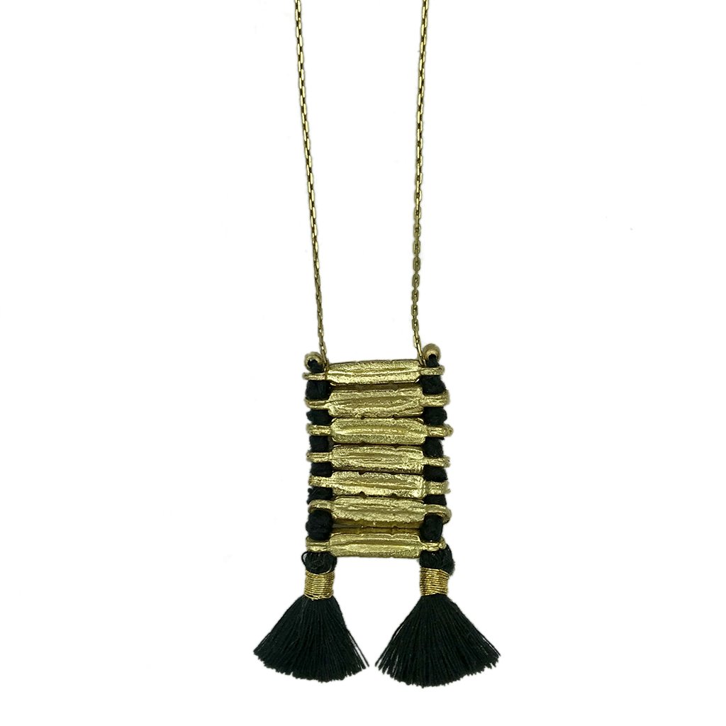 Anika Temple Necklace featuring zinc alloy metal and cotton tassels, showcasing intricate craftsmanship and a blend of traditional and modern design.