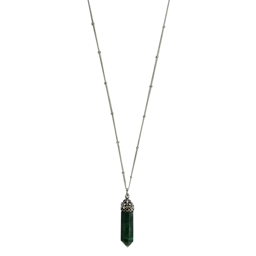 Aventurine crystal necklace with silver electroplated brass chain, showcasing its polished green stone and unique design.