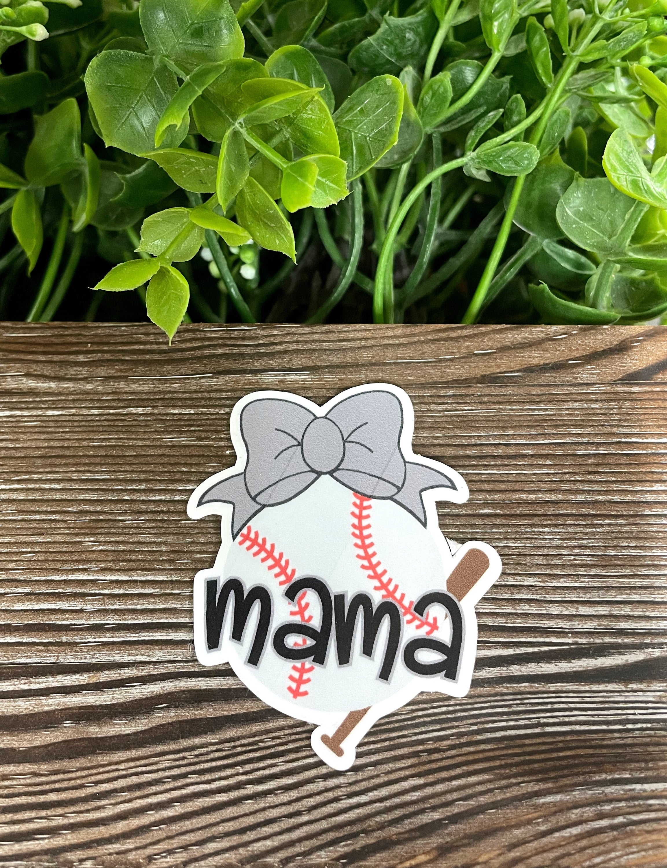 Baseball Mama Sticker featuring a baseball and bat design, perfect for personalizing smooth surfaces.