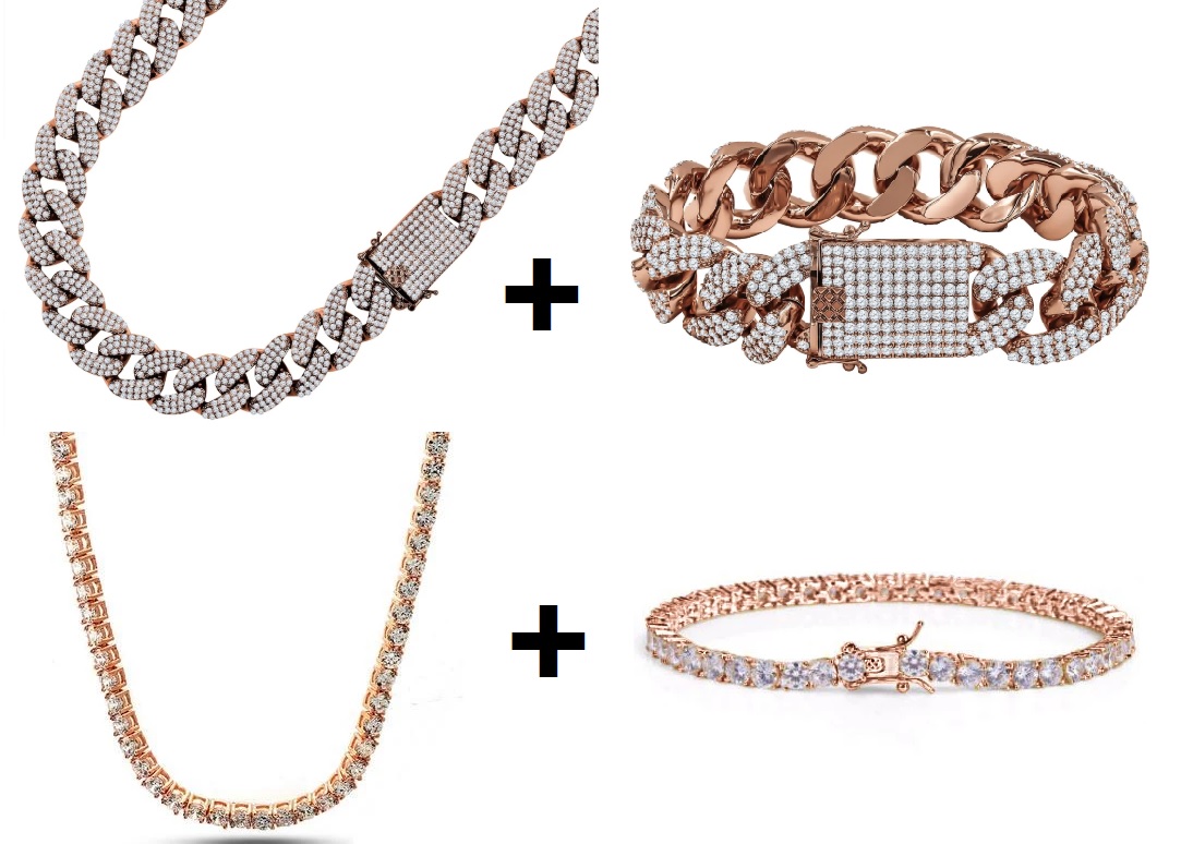 BMKIT5_RoseGold jewelry set featuring an 18MM iced out Cuban chain and an 8.5-inch iced out Cuban bracelet, both in rose gold.