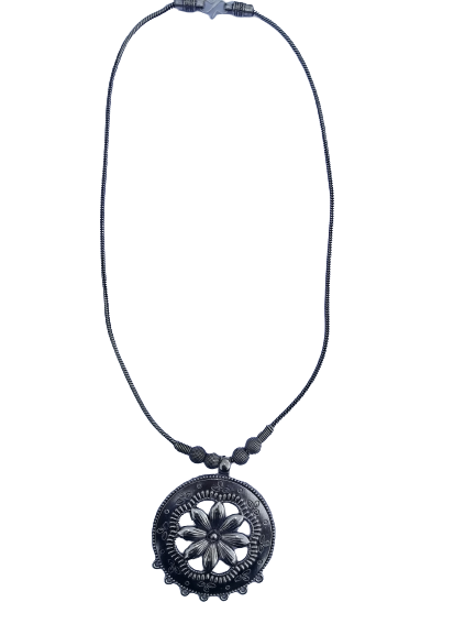 Bohotusk Flower Floral Shield Pendant Necklace featuring a floral design on a 54 cm chain, made from oxidised German silver.