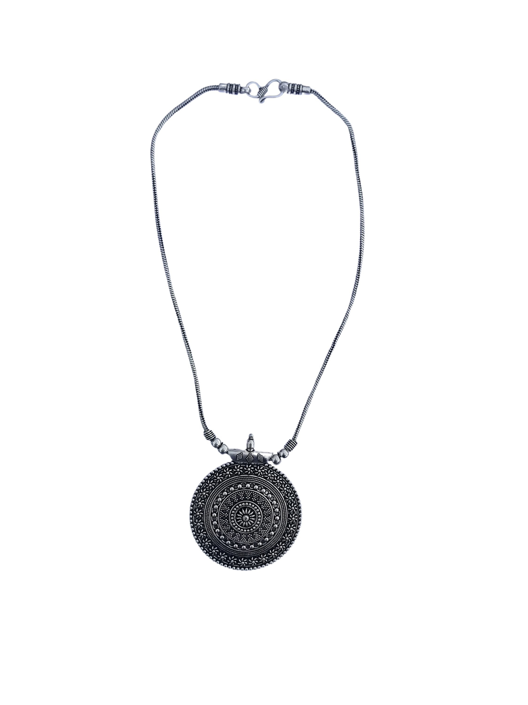 Bohotusk Large Round Silver Shield Pendant Necklace with a 54 cm chain, showcasing its elegant design and secure clasp.