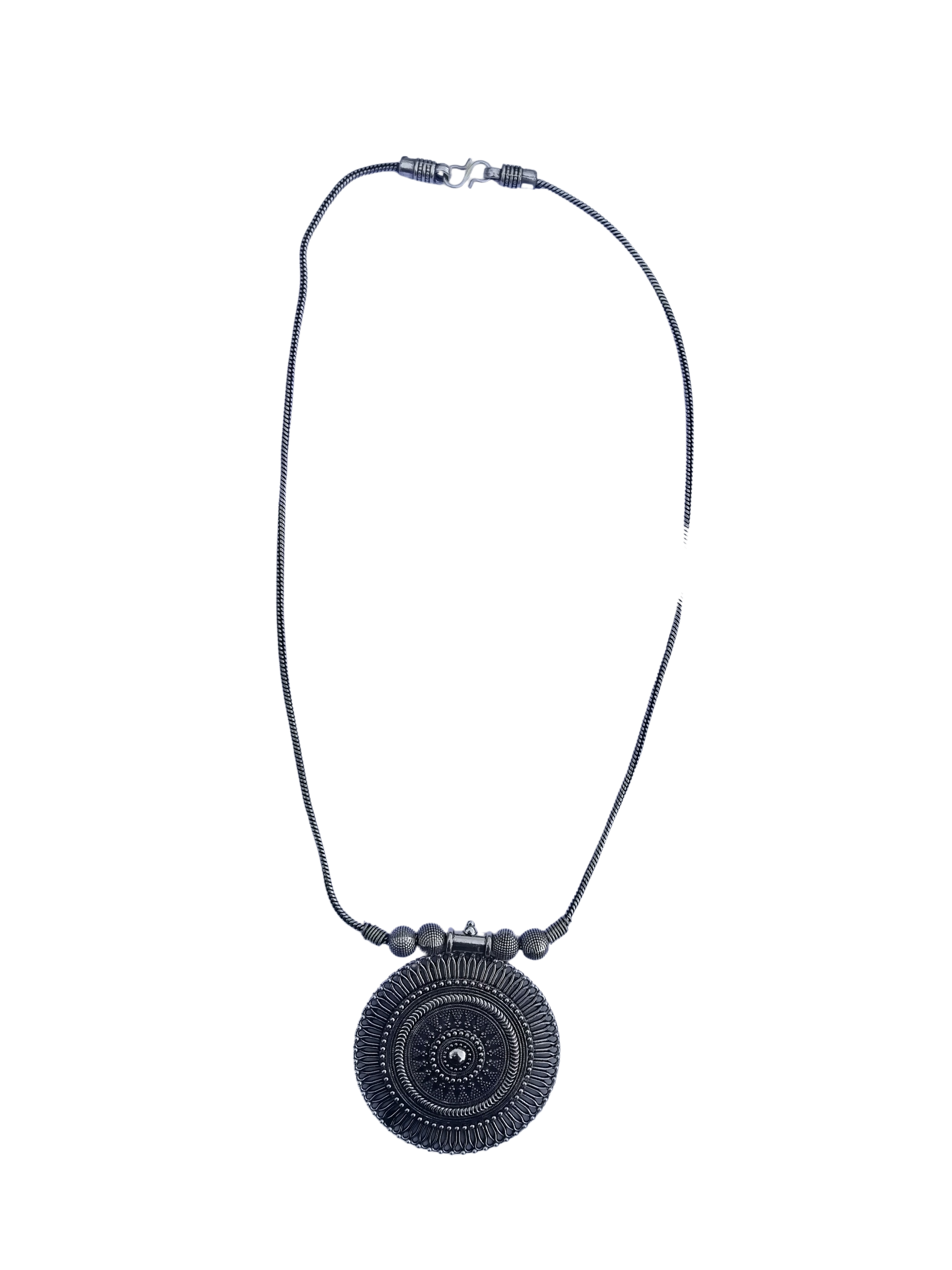 Bohotusk Shield Pendant Necklace featuring a decorative ball design, crafted from GS Oxidised German Silver with a secure clasp.