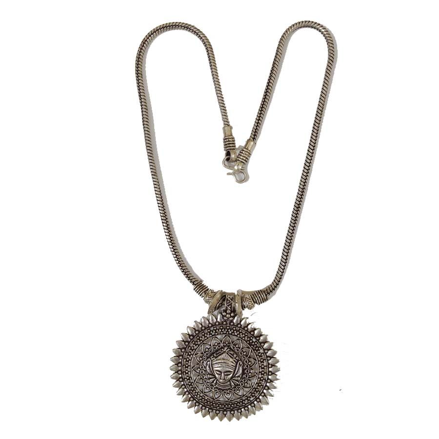 Bohotusk Shiva Round Shield Pendant Necklace featuring a round shield pendant on a 54 cm chain, made from oxidised German silver.