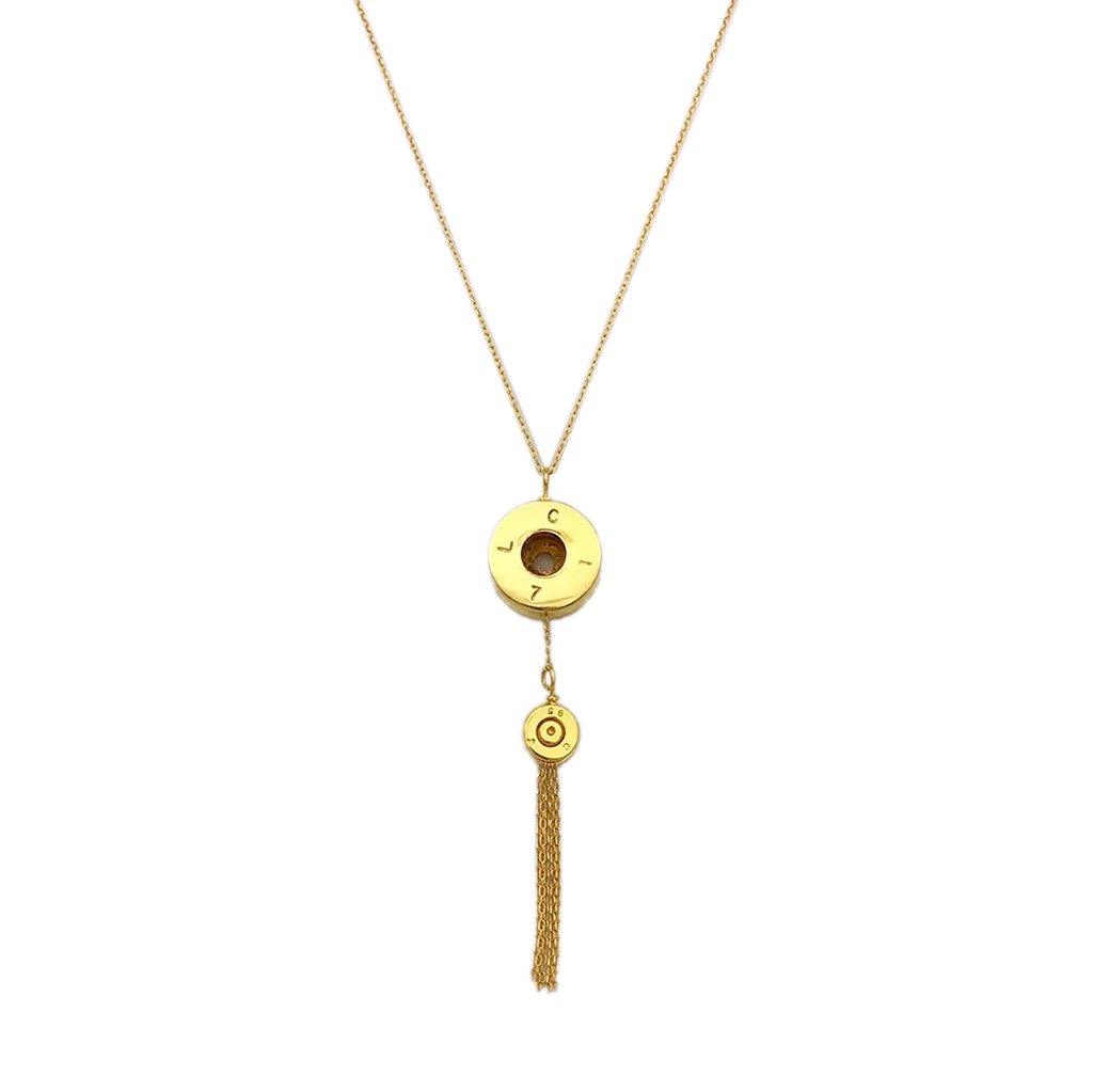 Bullet Tassel Necklace featuring a recycled brass bombshell, bullet fragment, and elegant tassel on a gold plated chain.