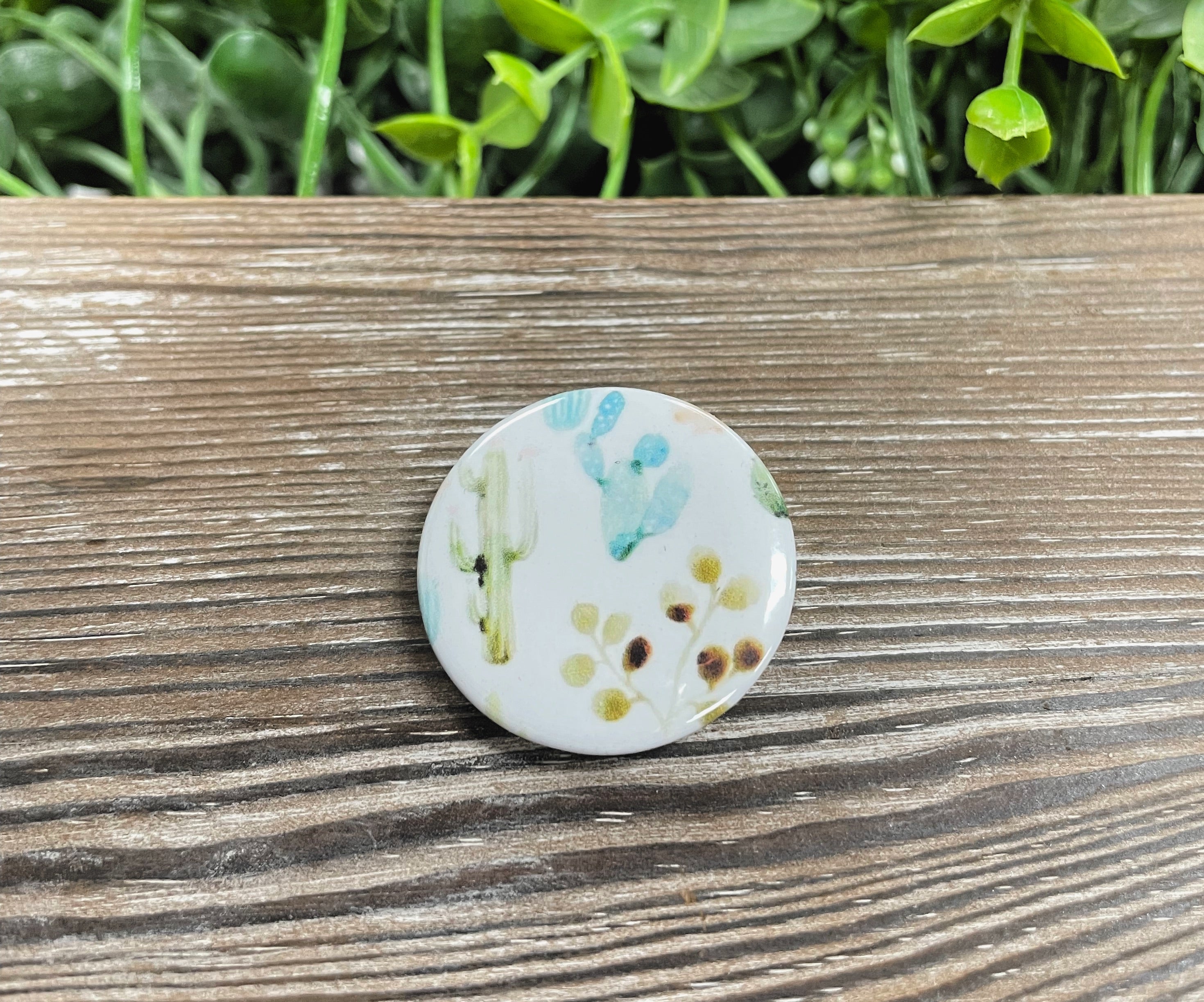 Cactuses Succulents graphic art button, 1.25 inches, featuring vibrant cactus designs on a durable plastic back.