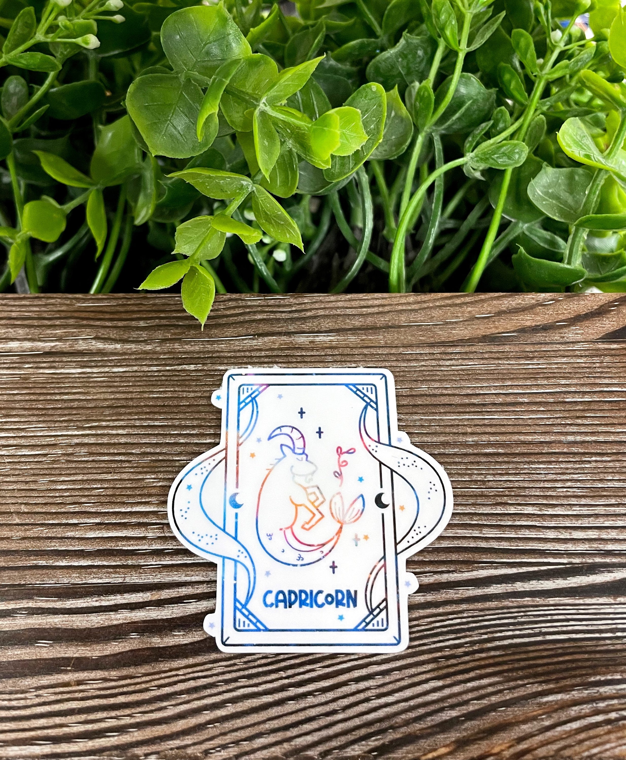 Capricorn Zodiac Tarot Card sticker featuring intricate design, vibrant colors, and a water-resistant finish, ideal for personalizing various surfaces.