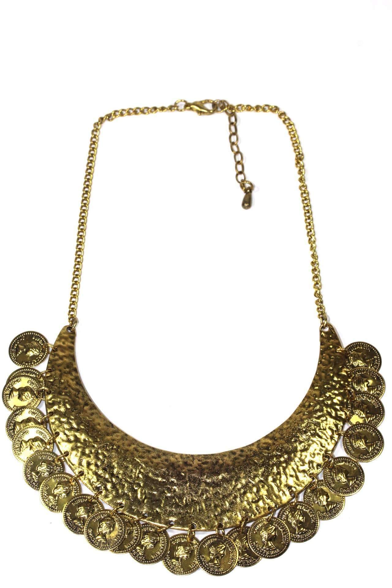 Antique gold tone statement necklace featuring a hammered crescent moon pendant and dangling gold tone coins.