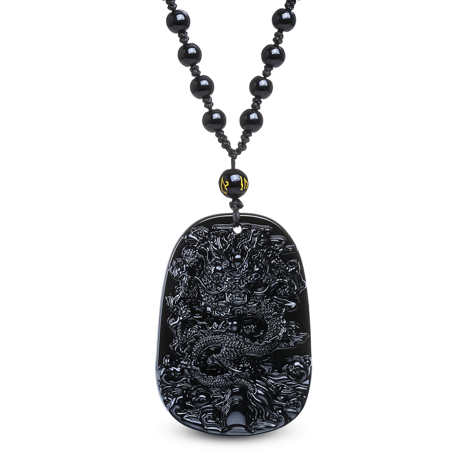 Collier Dragon en Obsidienne Noire avec pendentif dragon, perles noires et cordon ajustable, symbole de protection et de chance.