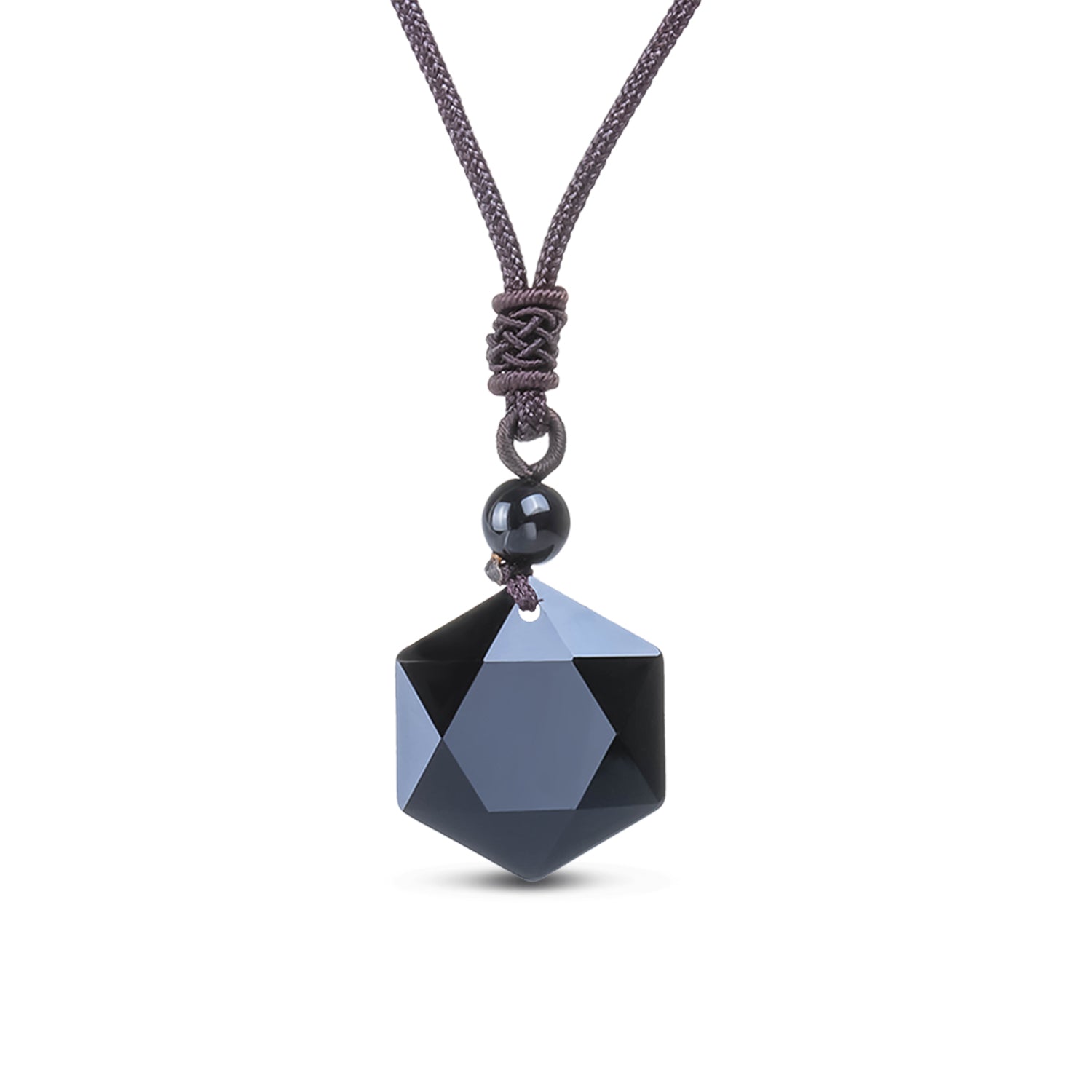 Collier 'Etoile' en Obsidienne Noire avec pendentif Merkaba, cordon ajustable, dimensions 2,6 x 3 x 0,9 cm.